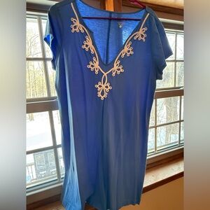 Lilly Pulitzer Blue V-Neck Tshirt dress with White Embroidery